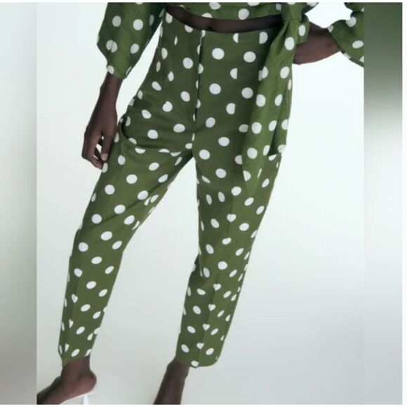 Zara Pants - Zara Green Polka Dot Linen Blend Pants Size Small
